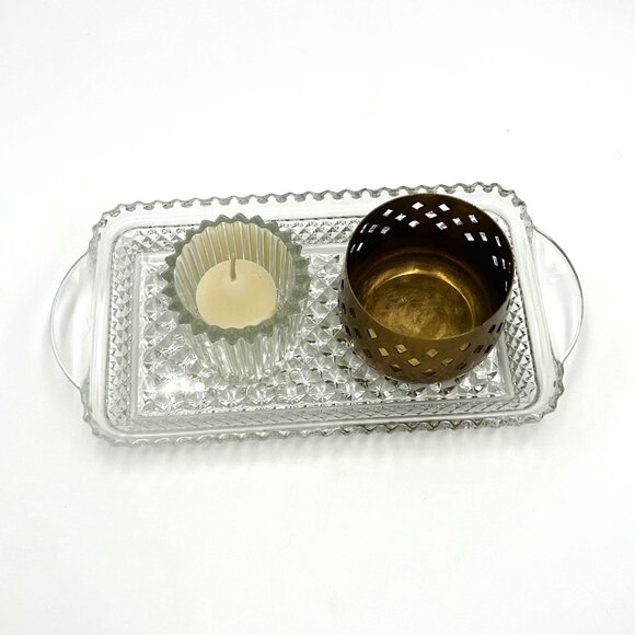 Sparkling Glass Cut Tray & Brass Candleholder W Glass Tulip Insert | 3 PIECE SET - Picture 4 of 14